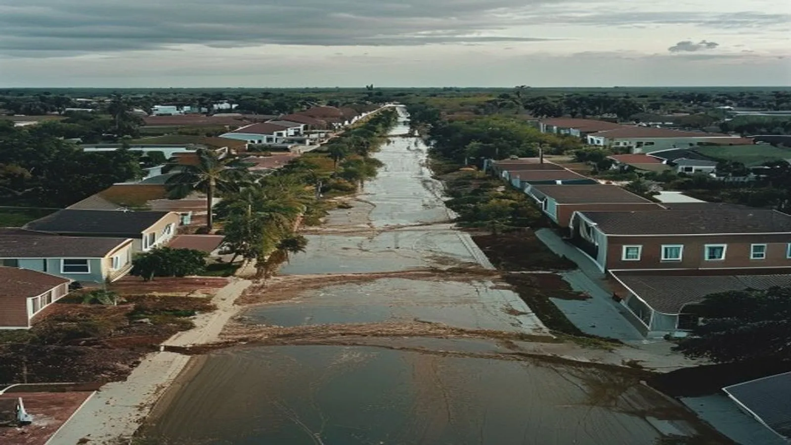 Texas suburban neighborhood after stormwater recession with silt-marked homes