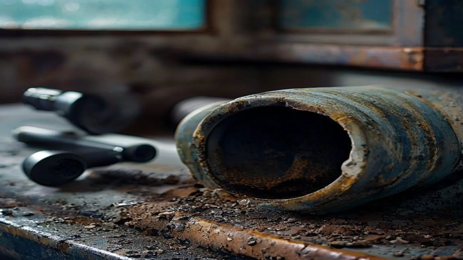 Corroded cast-iron drain pipe cross-section on a workbench
