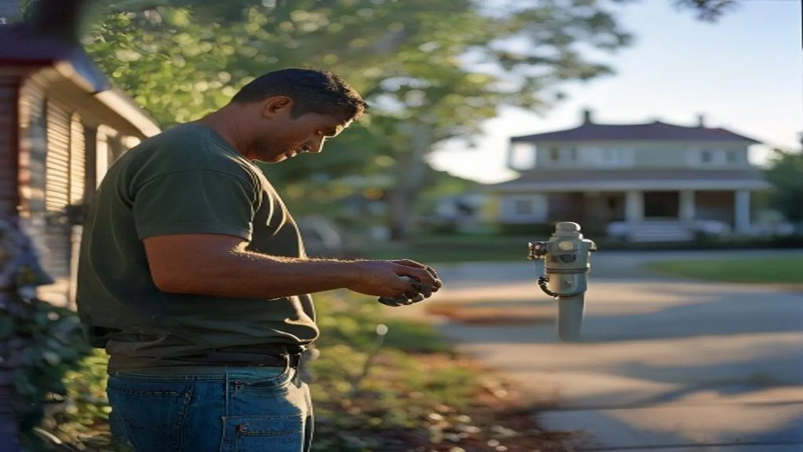 Homeowner shutting off the water main valve at a Texas curb meter