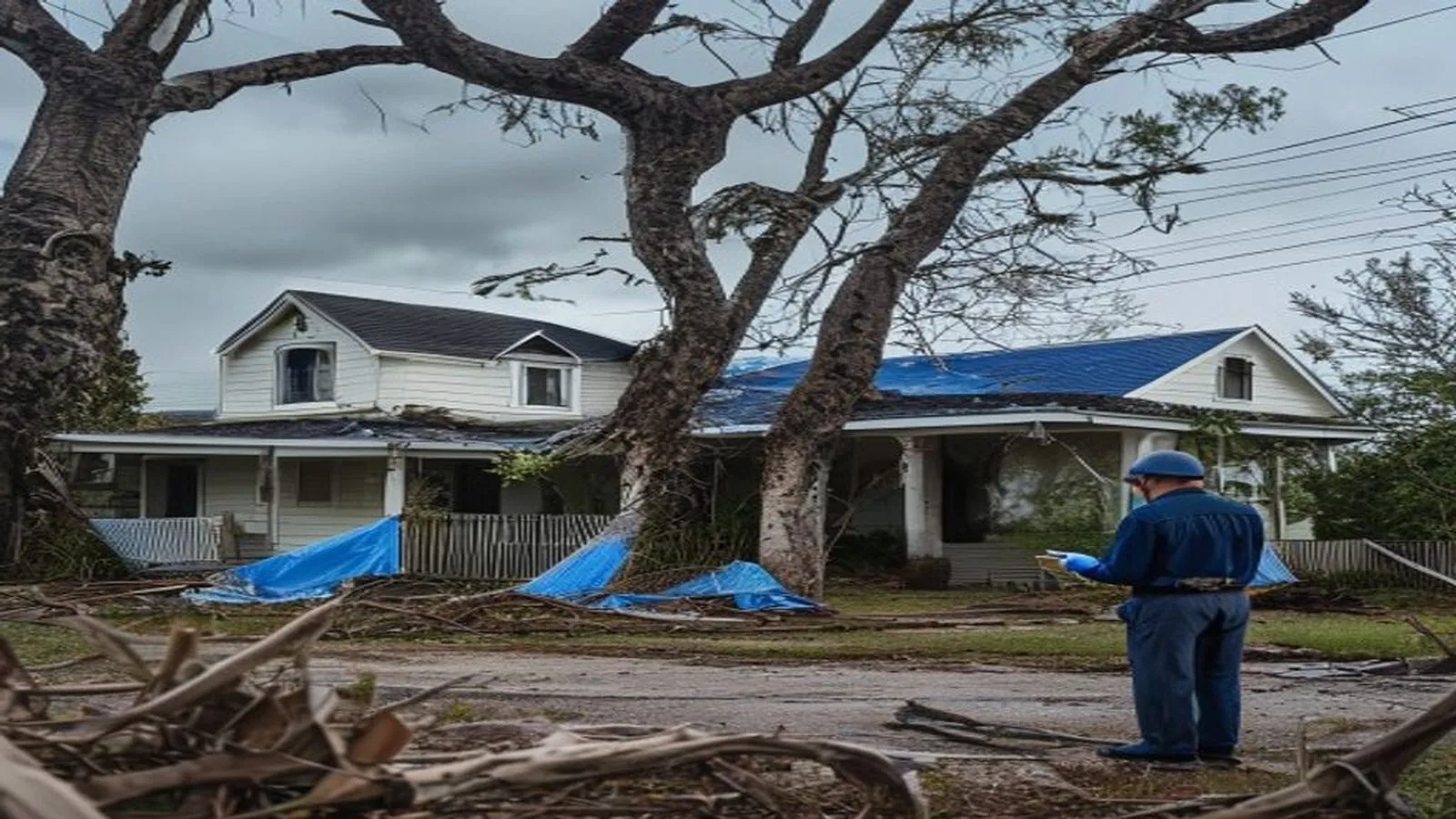 Hurricane-damaged Texas suburban home with blue tarps and adjuster inspection