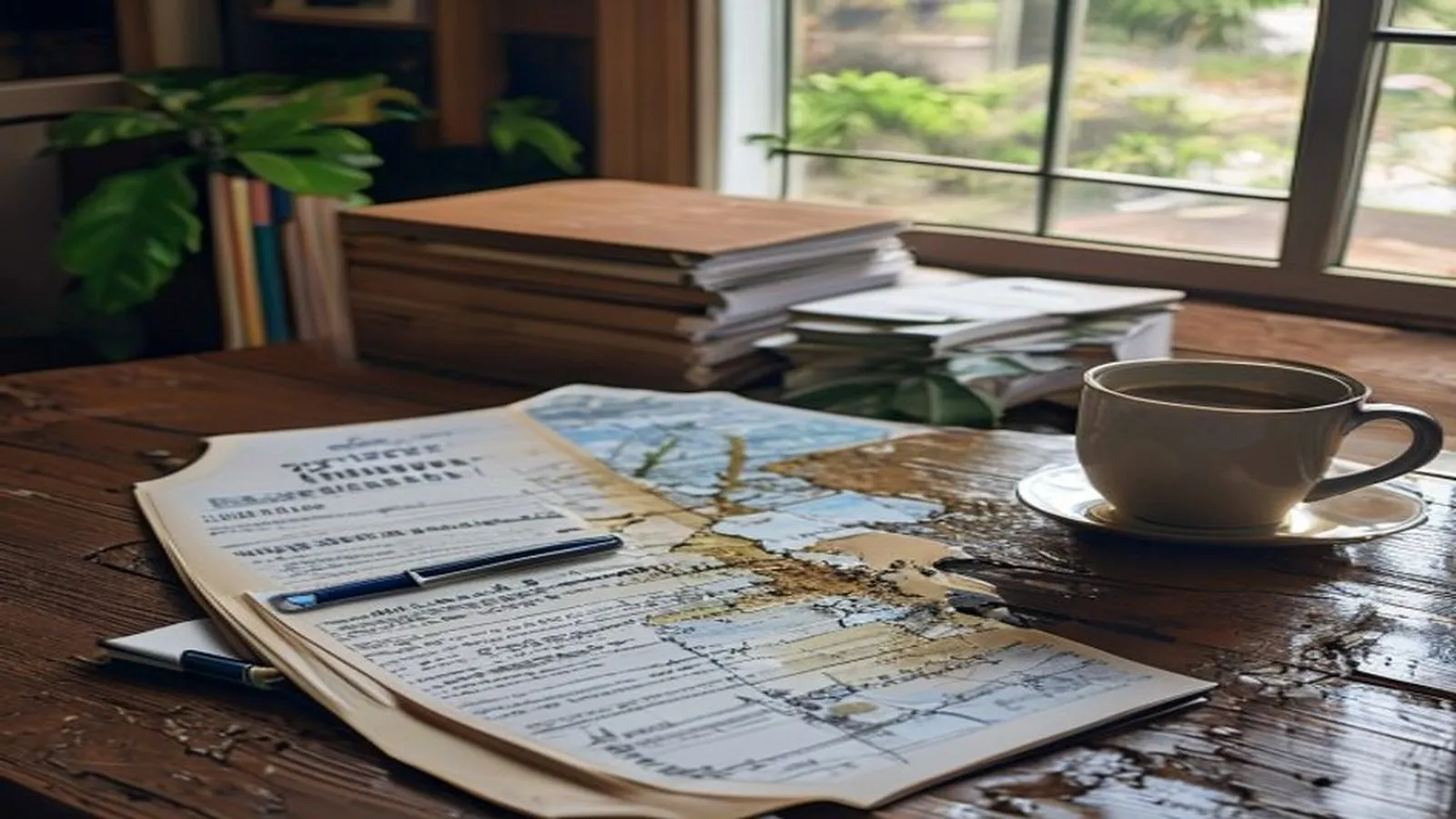 FEMA flood zone map on a desk with insurance policy paperwork