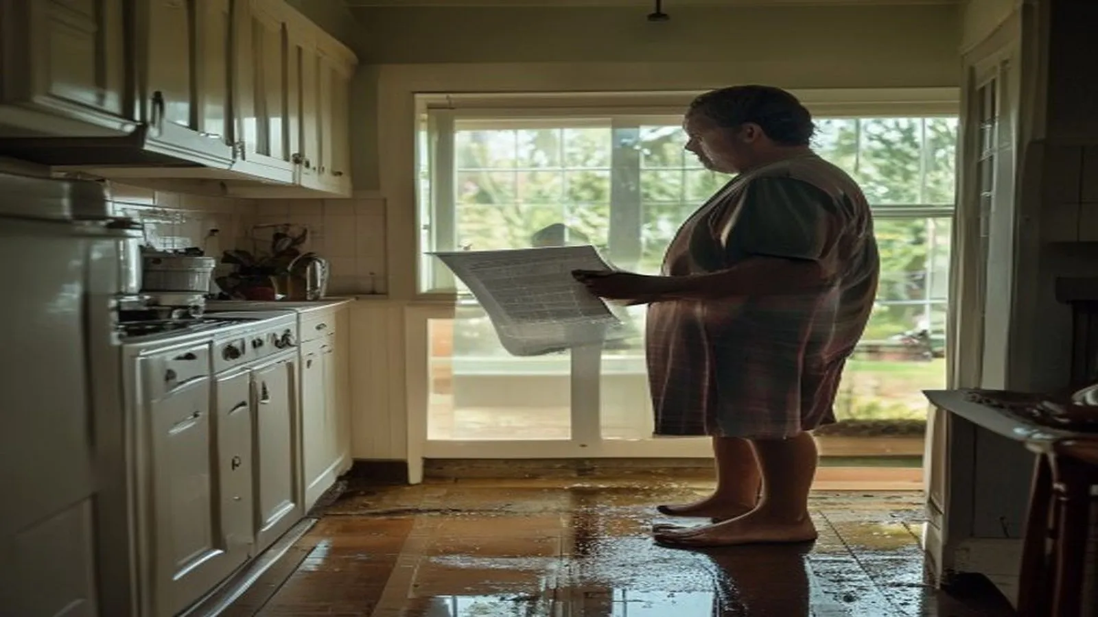 Homeowner holding a high water utility bill in a Texas suburban kitchen