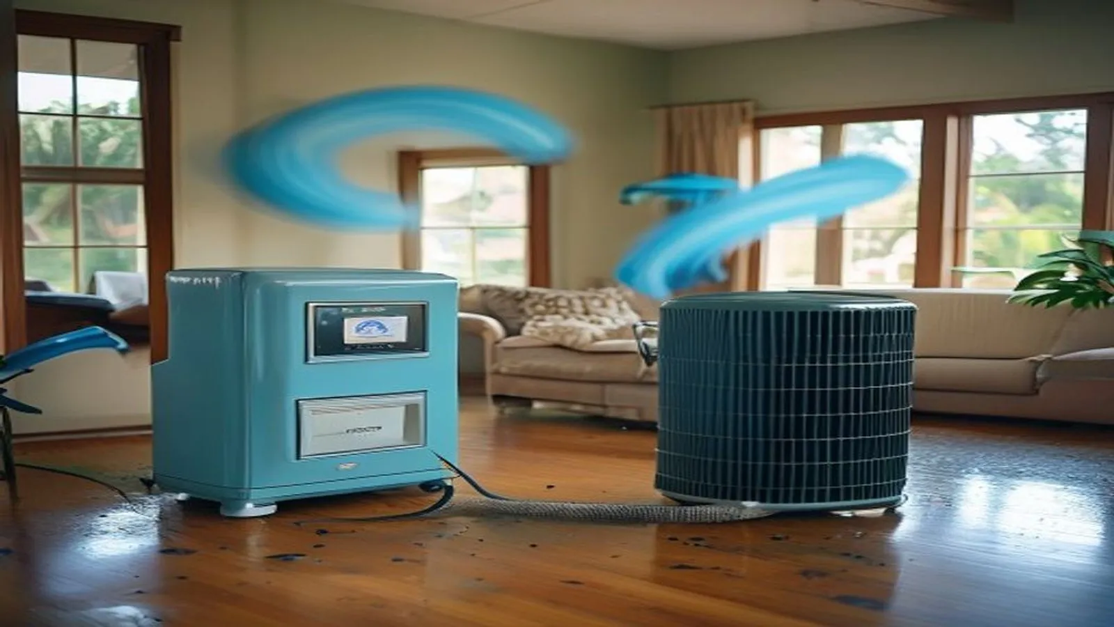 Industrial LGR dehumidifier next to a household refrigerant unit on a hardwood floor